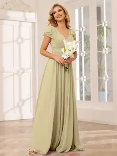 A-Line/Princess V-Neck Short Sleeves Long Bridesmaid Dresses with Ruffles — view 24
