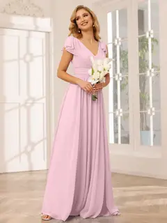 A-Line/Princess V-Neck Short Sleeves Long Bridesmaid Dresses with Ruffles — view 25