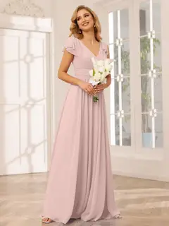 A-Line/Princess V-Neck Short Sleeves Long Bridesmaid Dresses with Ruffles — view 26