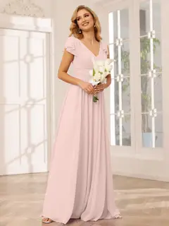 A-Line/Princess V-Neck Short Sleeves Long Bridesmaid Dresses with Ruffles — view 27