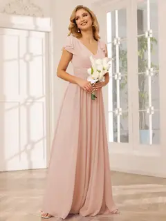 A-Line/Princess V-Neck Short Sleeves Long Bridesmaid Dresses with Ruffles — view 28