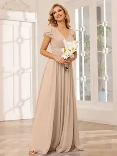 A-Line/Princess V-Neck Short Sleeves Long Bridesmaid Dresses with Ruffles — view 29