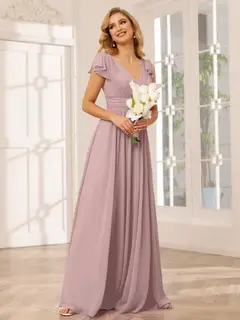 A-Line/Princess V-Neck Short Sleeves Long Bridesmaid Dresses with Ruffles — view 30