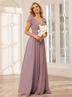 A-Line/Princess V-Neck Short Sleeves Long Bridesmaid Dresses with Ruffles — view 31