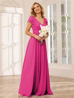 A-Line/Princess V-Neck Short Sleeves Long Bridesmaid Dresses with Ruffles — view 33
