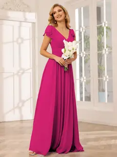 A-Line/Princess V-Neck Short Sleeves Long Bridesmaid Dresses with Ruffles — view 34