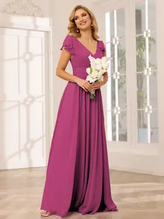 A-Line/Princess V-Neck Short Sleeves Long Bridesmaid Dresses with Ruffles — view 35