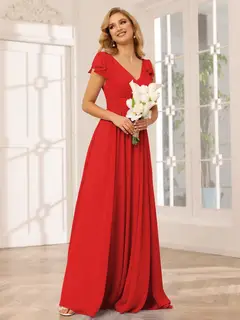 A-Line/Princess V-Neck Short Sleeves Long Bridesmaid Dresses with Ruffles — view 36