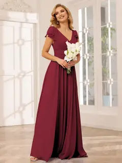 A-Line/Princess V-Neck Short Sleeves Long Bridesmaid Dresses with Ruffles — view 37