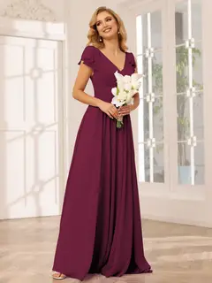 A-Line/Princess V-Neck Short Sleeves Long Bridesmaid Dresses with Ruffles — view 38