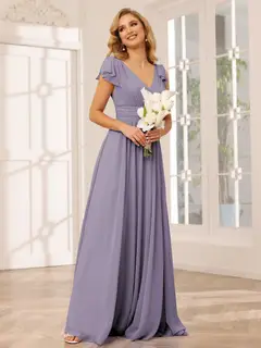 A-Line/Princess V-Neck Short Sleeves Long Bridesmaid Dresses with Ruffles — view 39