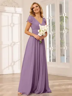 A-Line/Princess V-Neck Short Sleeves Long Bridesmaid Dresses with Ruffles — view 40