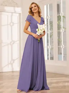 A-Line/Princess V-Neck Short Sleeves Long Bridesmaid Dresses with Ruffles — view 41