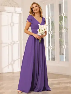 A-Line/Princess V-Neck Short Sleeves Long Bridesmaid Dresses with Ruffles — view 42