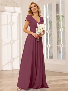 A-Line/Princess V-Neck Short Sleeves Long Bridesmaid Dresses with Ruffles — view 43