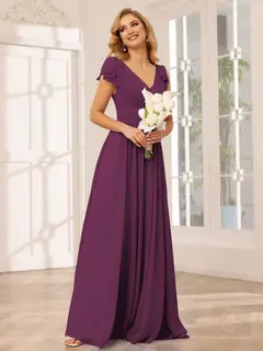 A-Line/Princess V-Neck Short Sleeves Long Bridesmaid Dresses with Ruffles — view 44