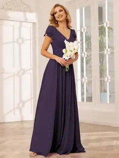 A-Line/Princess V-Neck Short Sleeves Long Bridesmaid Dresses with Ruffles — view 45