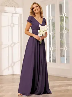 A-Line/Princess V-Neck Short Sleeves Long Bridesmaid Dresses with Ruffles — view 46