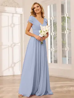 A-Line/Princess V-Neck Short Sleeves Long Bridesmaid Dresses with Ruffles — view 48