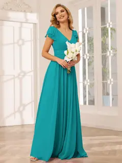 A-Line/Princess V-Neck Short Sleeves Long Bridesmaid Dresses with Ruffles — view 52