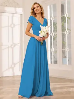 A-Line/Princess V-Neck Short Sleeves Long Bridesmaid Dresses with Ruffles — view 53