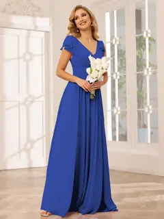 A-Line/Princess V-Neck Short Sleeves Long Bridesmaid Dresses with Ruffles — view 54