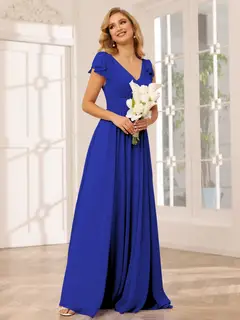 A-Line/Princess V-Neck Short Sleeves Long Bridesmaid Dresses with Ruffles — view 55