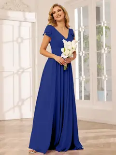 A-Line/Princess V-Neck Short Sleeves Long Bridesmaid Dresses with Ruffles — view 56