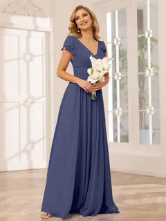 A-Line/Princess V-Neck Short Sleeves Long Bridesmaid Dresses with Ruffles — view 57