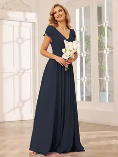 A-Line/Princess V-Neck Short Sleeves Long Bridesmaid Dresses with Ruffles — view 59