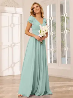 A-Line/Princess V-Neck Short Sleeves Long Bridesmaid Dresses with Ruffles — view 60