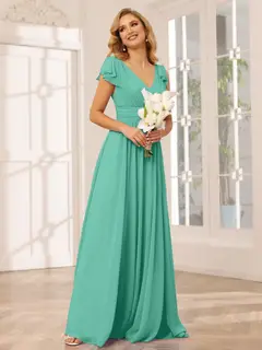 A-Line/Princess V-Neck Short Sleeves Long Bridesmaid Dresses with Ruffles — view 62