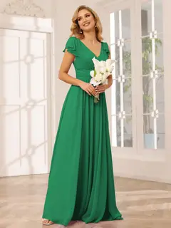 A-Line/Princess V-Neck Short Sleeves Long Bridesmaid Dresses with Ruffles — view 64