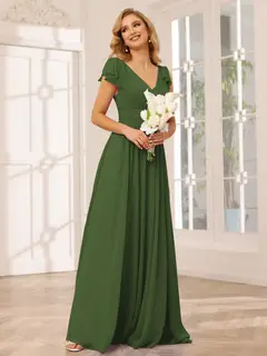 A-Line/Princess V-Neck Short Sleeves Long Bridesmaid Dresses with Ruffles — view 65