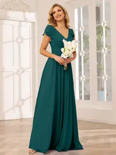 A-Line/Princess V-Neck Short Sleeves Long Bridesmaid Dresses with Ruffles — view 66