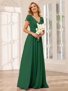 A-Line/Princess V-Neck Short Sleeves Long Bridesmaid Dresses with Ruffles — view 67
