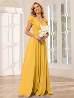A-Line/Princess V-Neck Short Sleeves Long Bridesmaid Dresses with Ruffles — view 70
