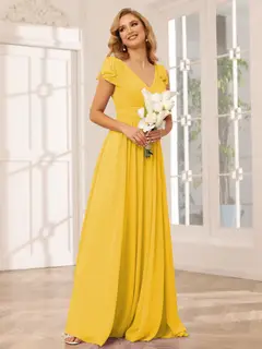 A-Line/Princess V-Neck Short Sleeves Long Bridesmaid Dresses with Ruffles — view 71