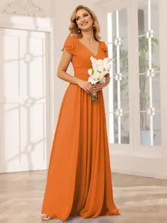 A-Line/Princess V-Neck Short Sleeves Long Bridesmaid Dresses with Ruffles — view 72
