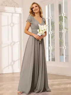 A-Line/Princess V-Neck Short Sleeves Long Bridesmaid Dresses with Ruffles — view 73
