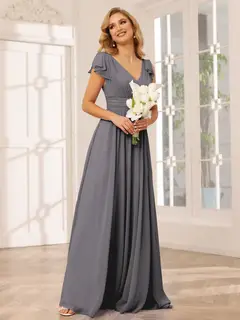 A-Line/Princess V-Neck Short Sleeves Long Bridesmaid Dresses with Ruffles — view 74