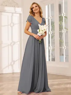 A-Line/Princess V-Neck Short Sleeves Long Bridesmaid Dresses with Ruffles — view 75