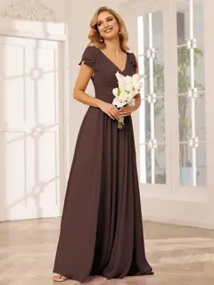 A-Line/Princess V-Neck Short Sleeves Long Bridesmaid Dresses with Ruffles — view 76