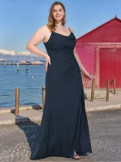 Mermaid/Trumpet Spaghetti Straps Cowl Neck Sleeveless Chiffon Plus Size Bridesmaid Dresses with Ruffles — view 1