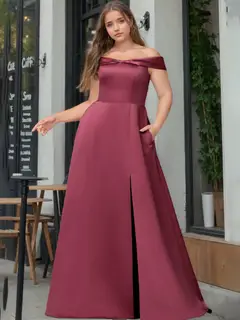 A-Line/Princess Off-the-Shoulder Floor-Length Satin Plus Size Bridesmaid Dresses with Split Side — view 1