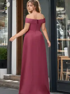 A-Line/Princess Off-the-Shoulder Floor-Length Satin Plus Size Bridesmaid Dresses with Split Side — view 2