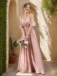 A-Line/Princess Spaghetti Straps Floor-Length Chiffon Bridesmaid Dresses with Split Side & Ruched — view 1