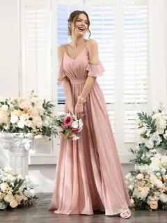 A-Line/Princess Spaghetti Straps Floor-Length Chiffon Bridesmaid Dresses with Split Side & Ruched — view 3