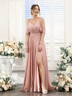A-Line/Princess Spaghetti Straps Floor-Length Chiffon Bridesmaid Dresses with Split Side & Ruched — view 4