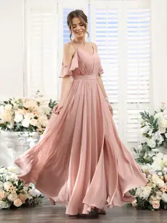 A-Line/Princess Spaghetti Straps Floor-Length Chiffon Bridesmaid Dresses with Split Side & Ruched — view 5